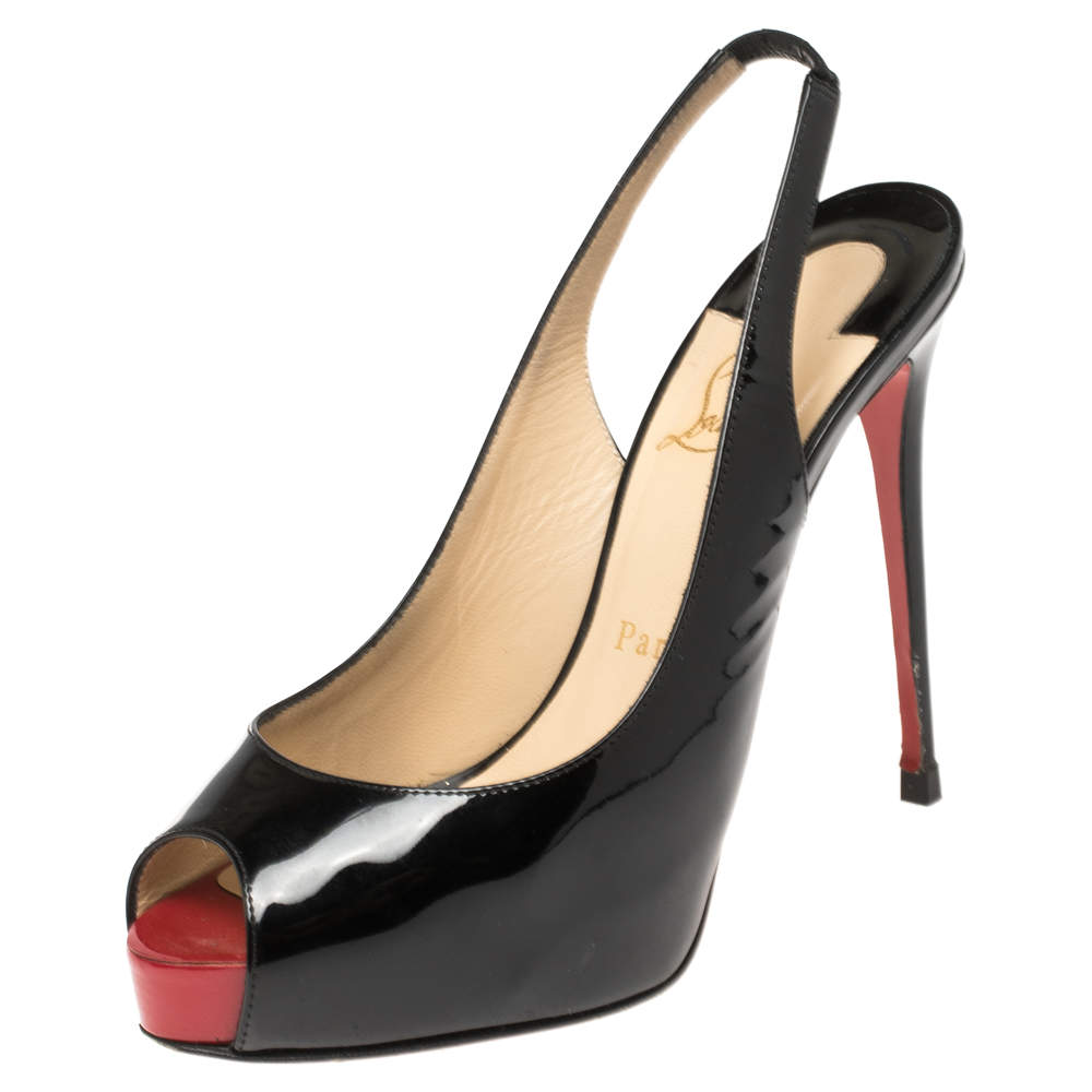 Pre Owned Christian Louboutin Black Patent Leather Private Number Peep Toe Slingback Sandals Size 37