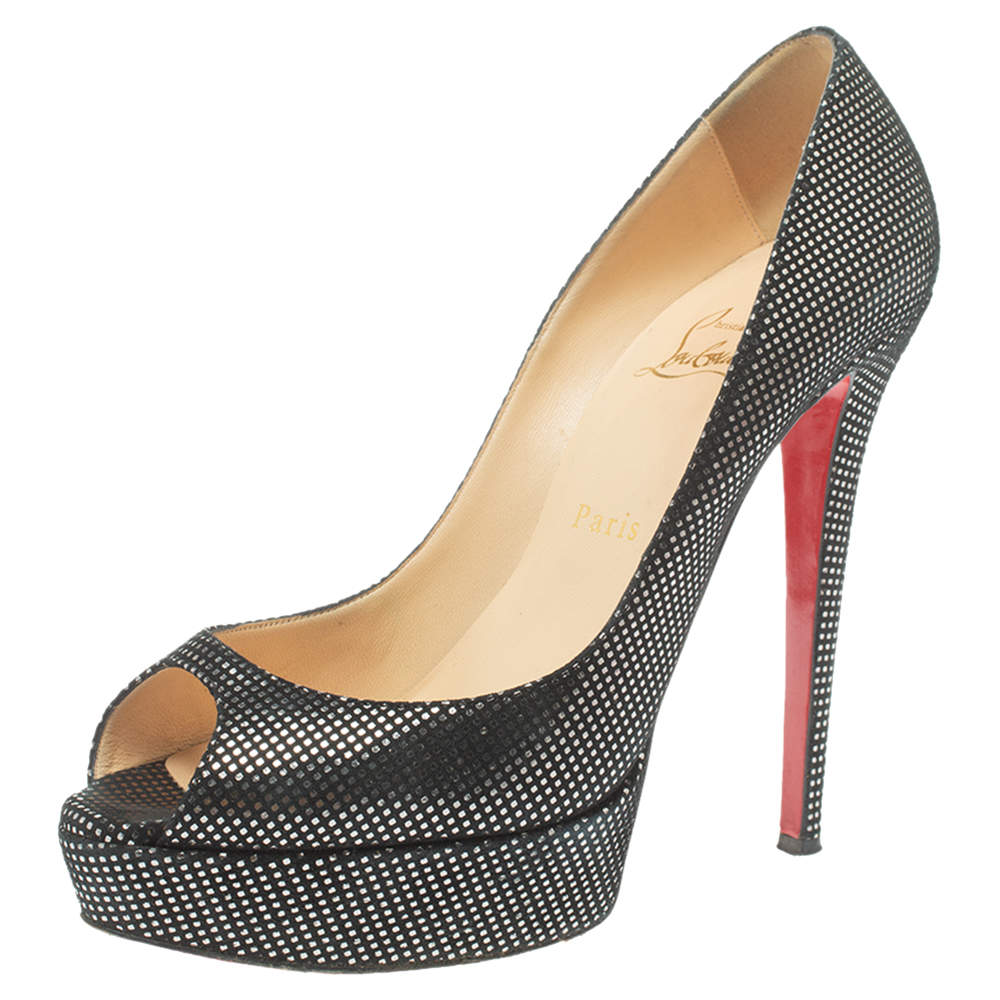 Pre Owned Christian Louboutin Black Suede with Metallic Silver Polka Dots Peep Toe Platform Pumps Size 40