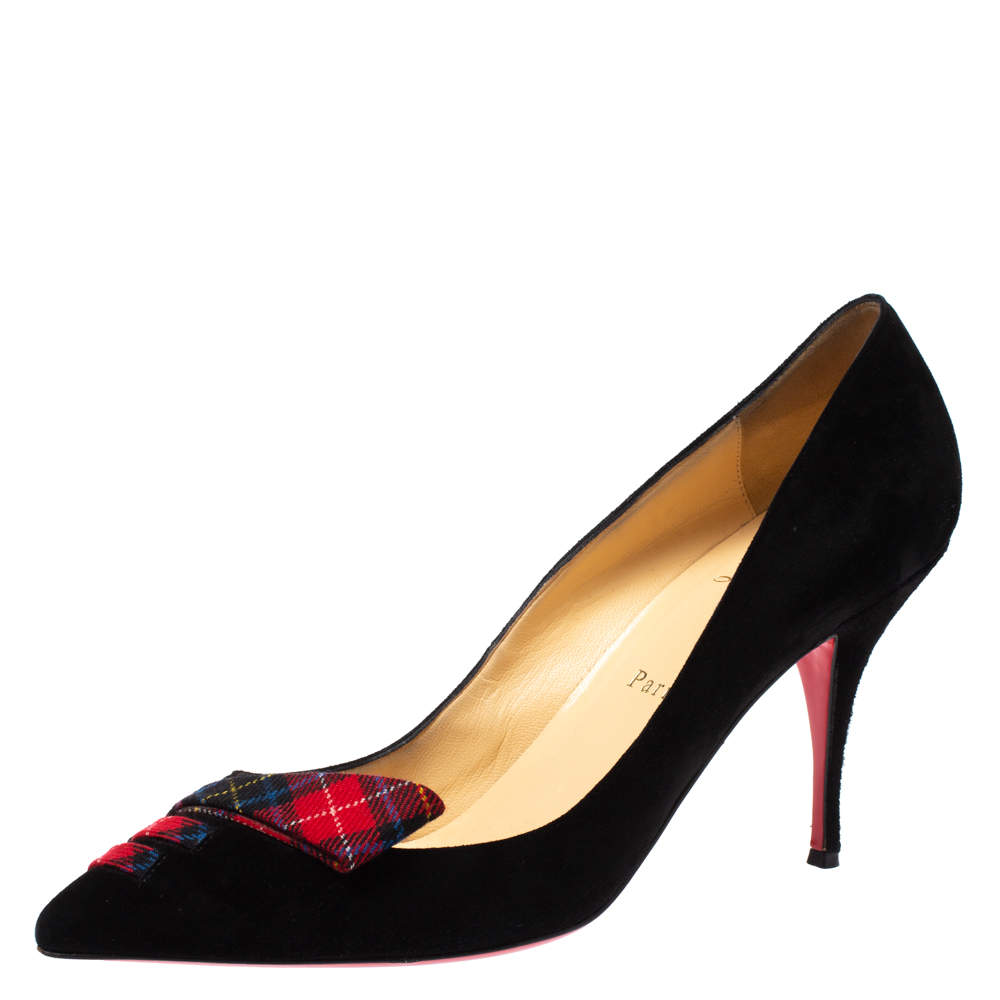 Pre Owned Christian Louboutin Black Suede and Tartan Detail Pointed Toe Pumps Size 41