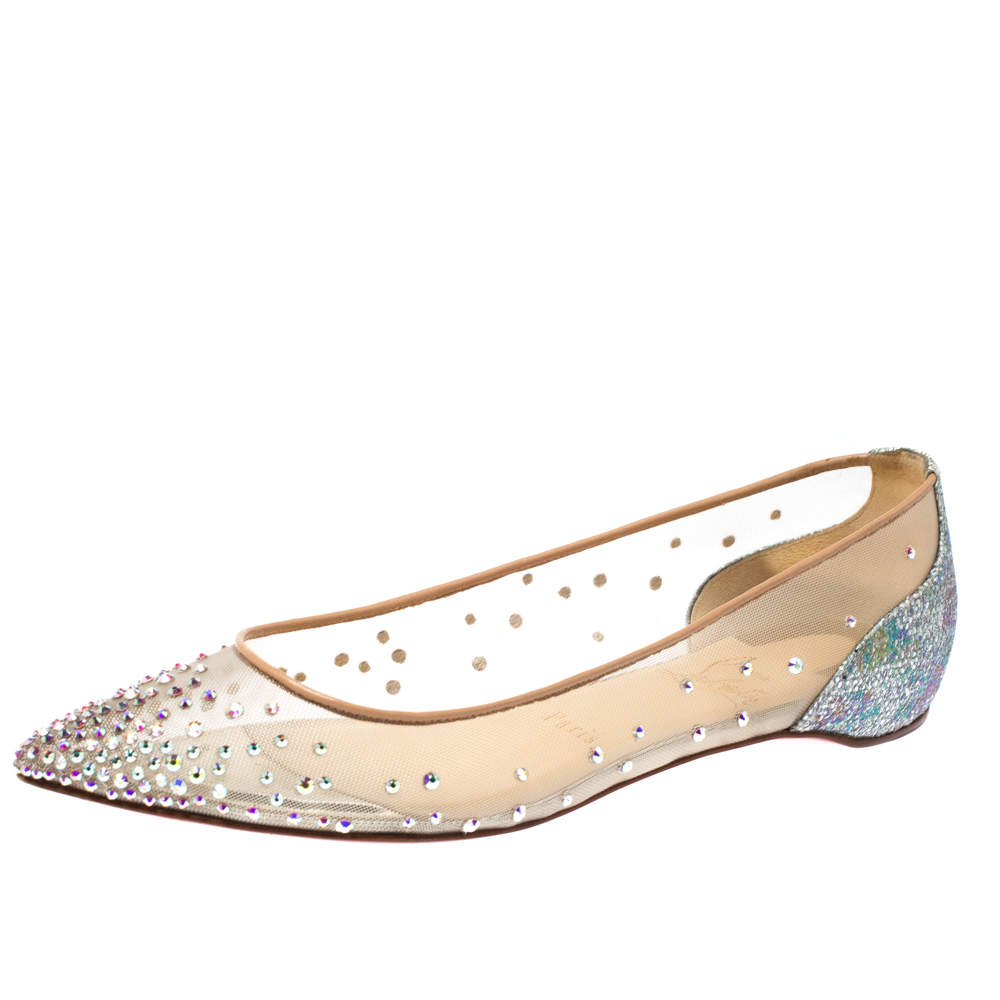 Christian Louboutin Beige Mesh And Lame Fabric Follies Strass Pointed Toe Ballet Flats Size 36.5