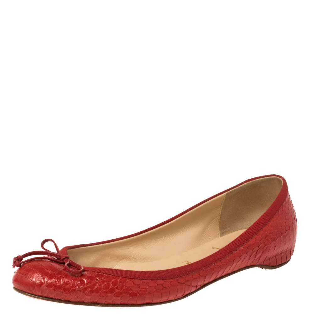 Pre Owned Christian Louboutin Red Python Bow Ballet Flats Size 38