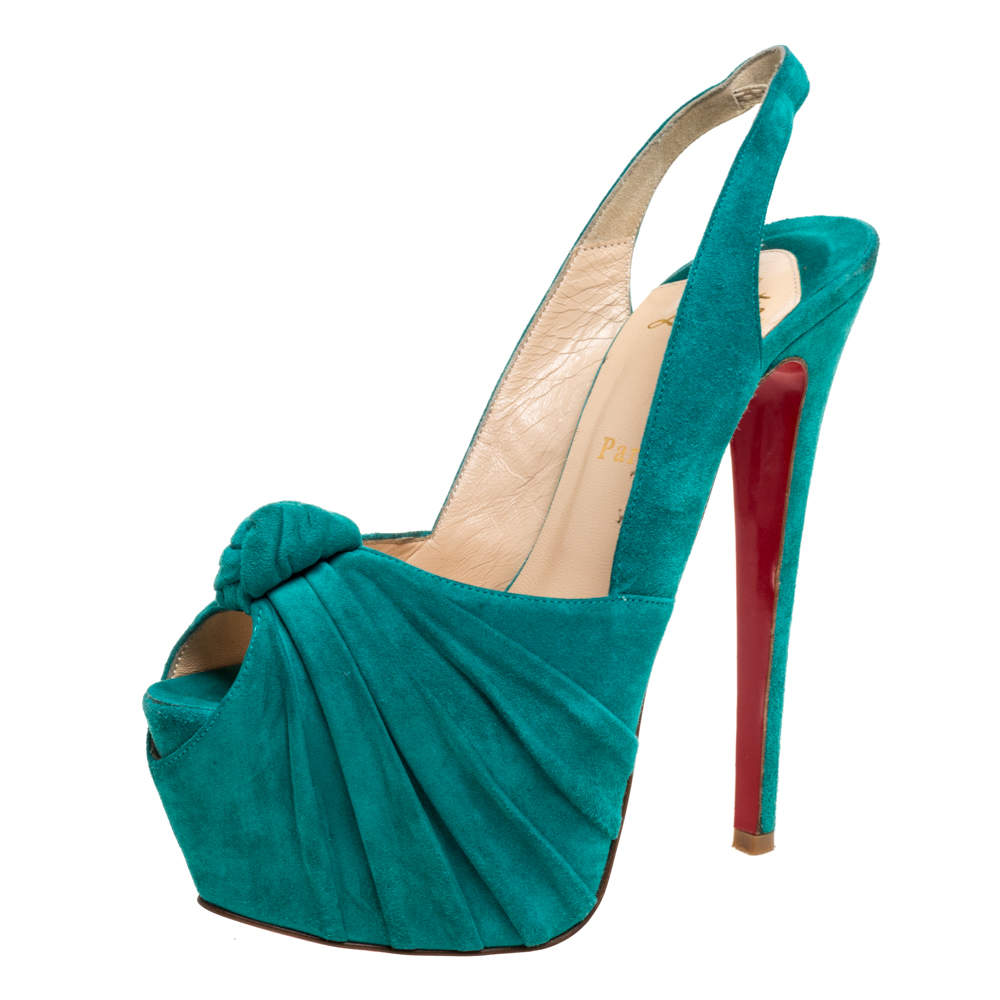 Pre Owned Christian Louboutin Green Suede Jenny Knotted Slingback Platform Sandals Size 37.5