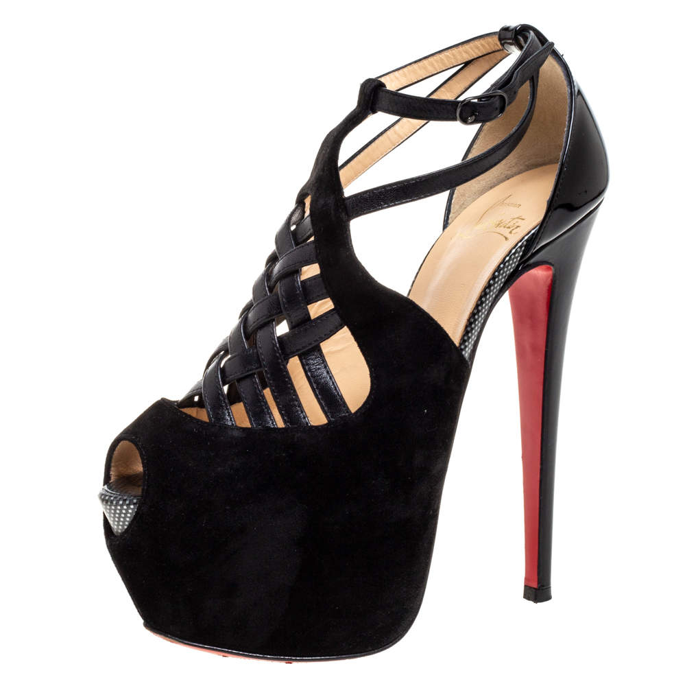 Pre Owned Christian Louboutin Black Suede And Patent Leather Carlota Strappy Platform Sandals Size 37