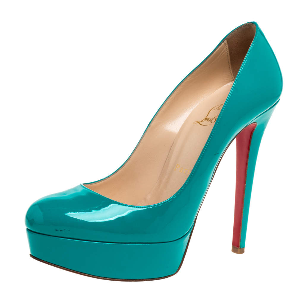 حذاء كعب عالي كريستيان لوبوتان "نيو سيمبل" نعل سميك جلد لامع أزرق مخضر مقاس 37.5