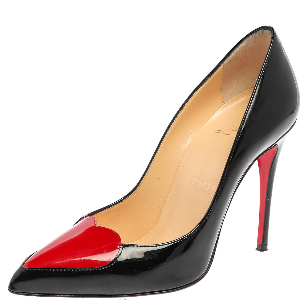 Pre Owned Christian Louboutin Black Patent Leather Doracora Red Heart Pumps Size 35