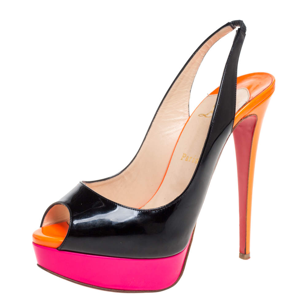 Pre Owned Christian Louboutin Tri Color Patent Leather Private Number Peep Toe Slingback Sandals Size 39.5