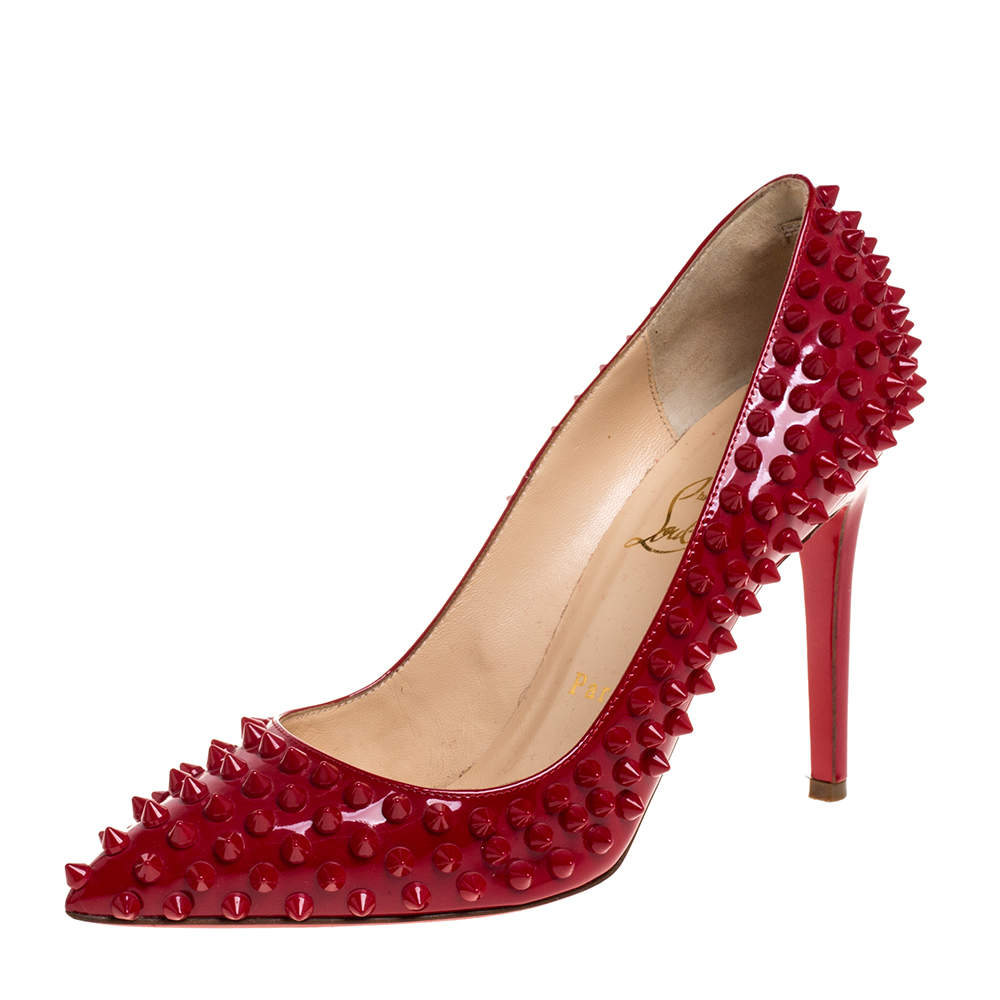 Christian Louboutin Red Patent Leather Pigalle Spikes Pointed Toe Pumps Size 38