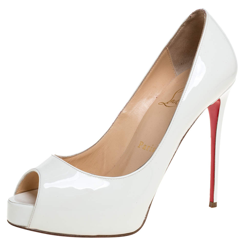 Pre Owned Christian Louboutin White Patent Leather New Prive Platform Peep Toe Pumps Size 36