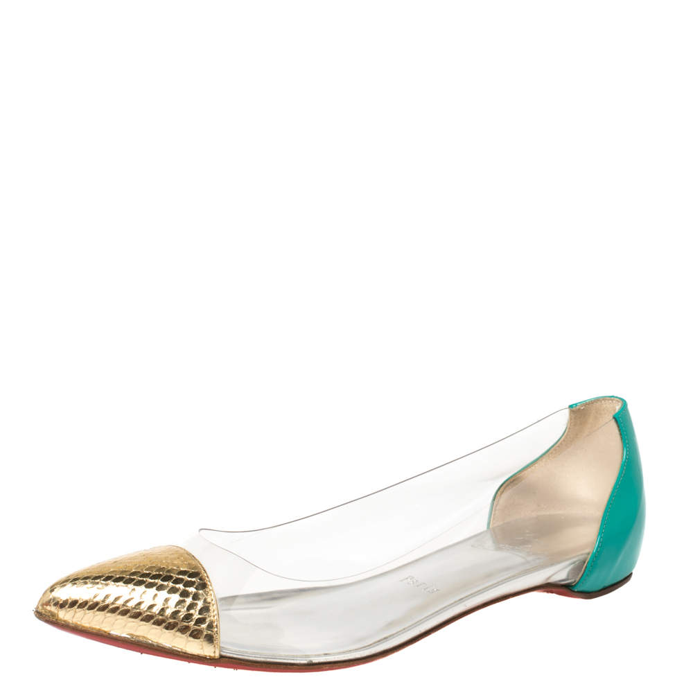 حذاء فلات كريستيان لوبوتان "كوربو" مقدمة مدببة بلاستيك مشمع و جلد نقشة الثعبان ثلاثي اللون مقاس 35.5