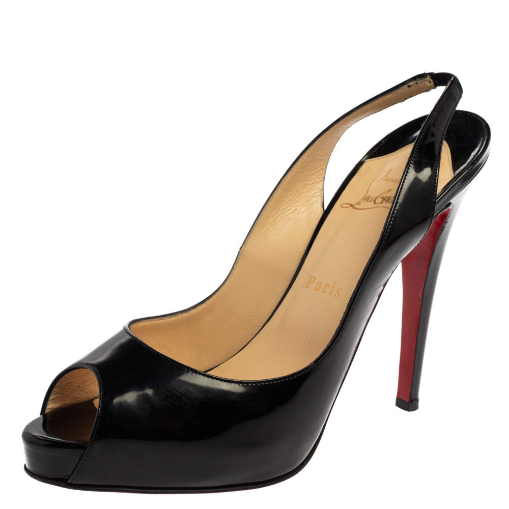 Pre Owned Christian Louboutin Black Patent Leather Private Number Peep Toe Sling Back Pumps Size 39.5