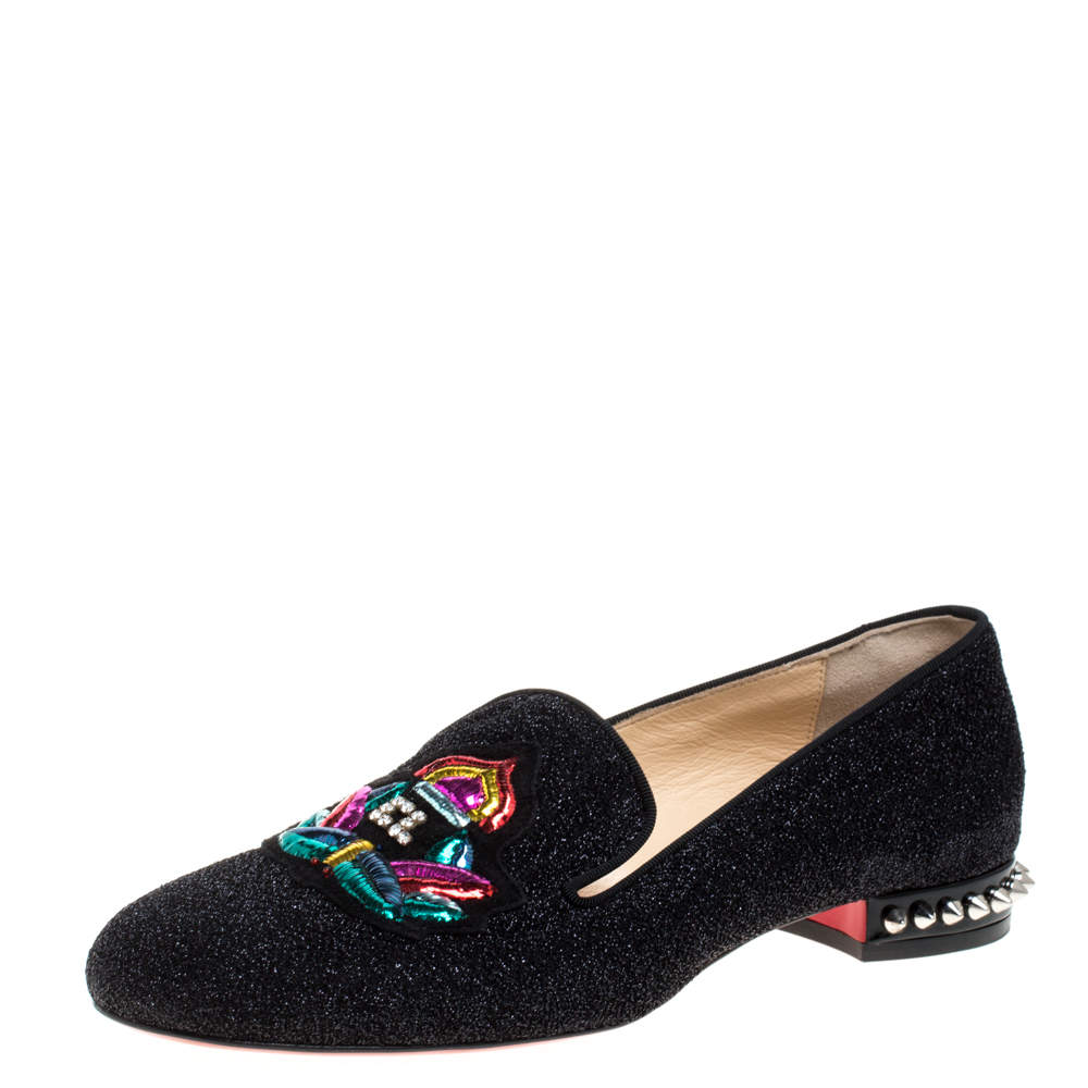 Christian Louboutin Black Shimmering Fabric Smoking Slippers Size 37