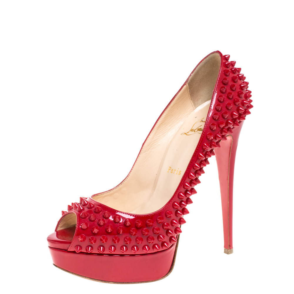 Pre Owned Christian Louboutin Red Patent Leather Lady Peep Toe Spike Platform Pumps Size 38.5