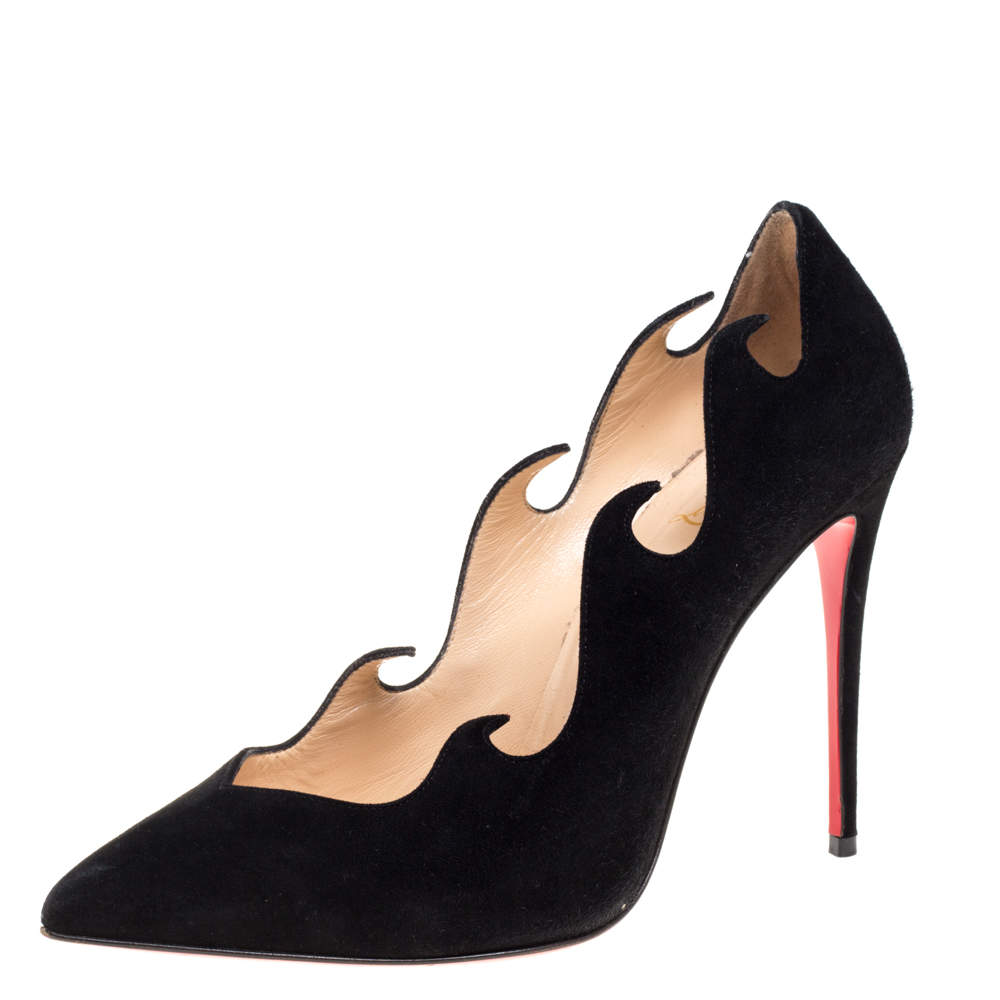 Christian Louboutin Black Suede Olavague Flame Pointed Toe Pumps Size 38.5