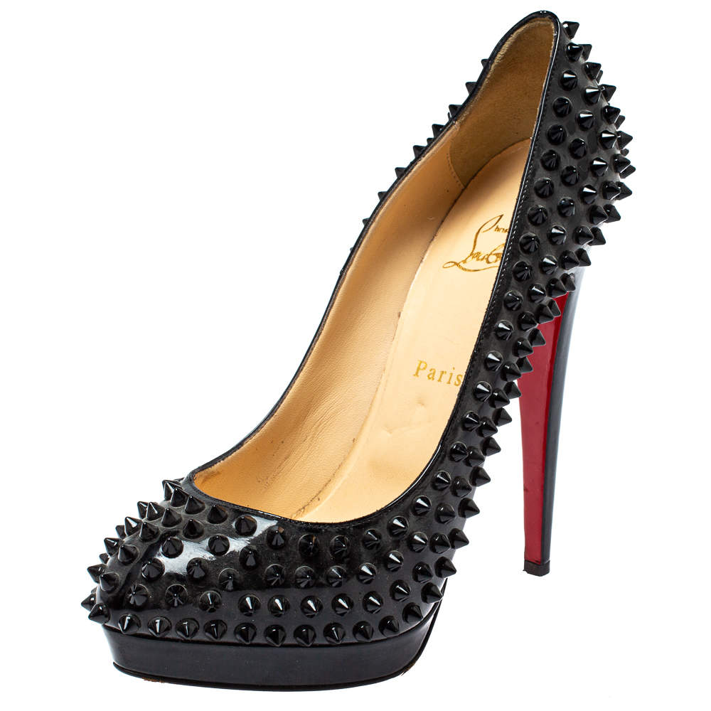 Christian Louboutin Black Patent Leather Pigalle Plato Spikes Pumps Size 39.5