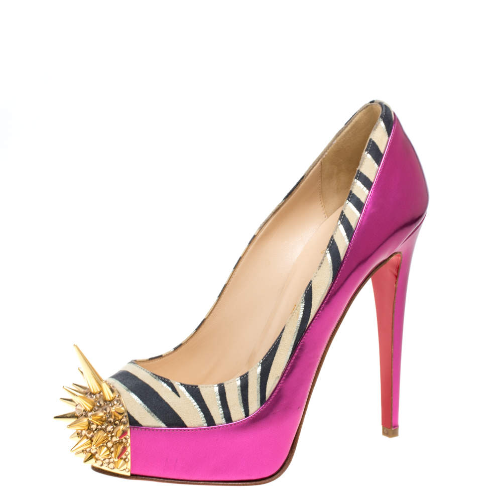 Christian Louboutin Pink Zebra Print Suede And Patent Leather Limited Edition Asteroid Spike Pumps Size 37.5