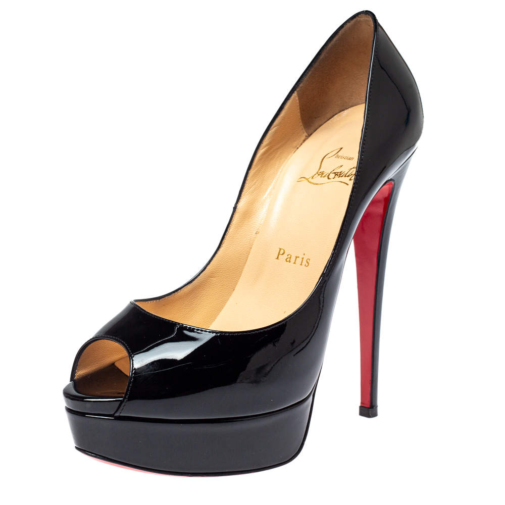 Pre Owned Christian Louboutin Black Patent Leather Lady Peep Toe Platform Pumps Size 38
