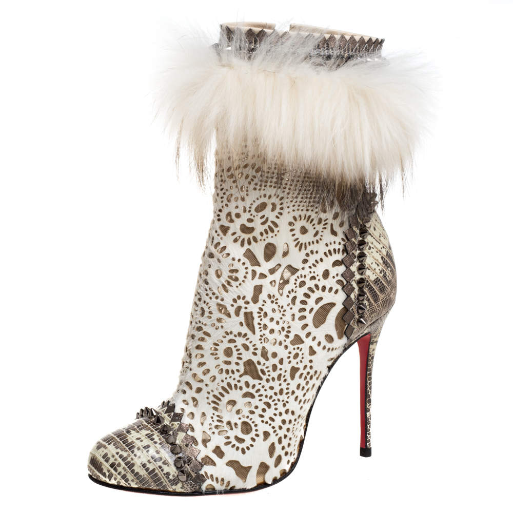 Pre Owned Christian Louboutin Calf Hair And Lizard Skin Tootsie Ankle Boots Size 37