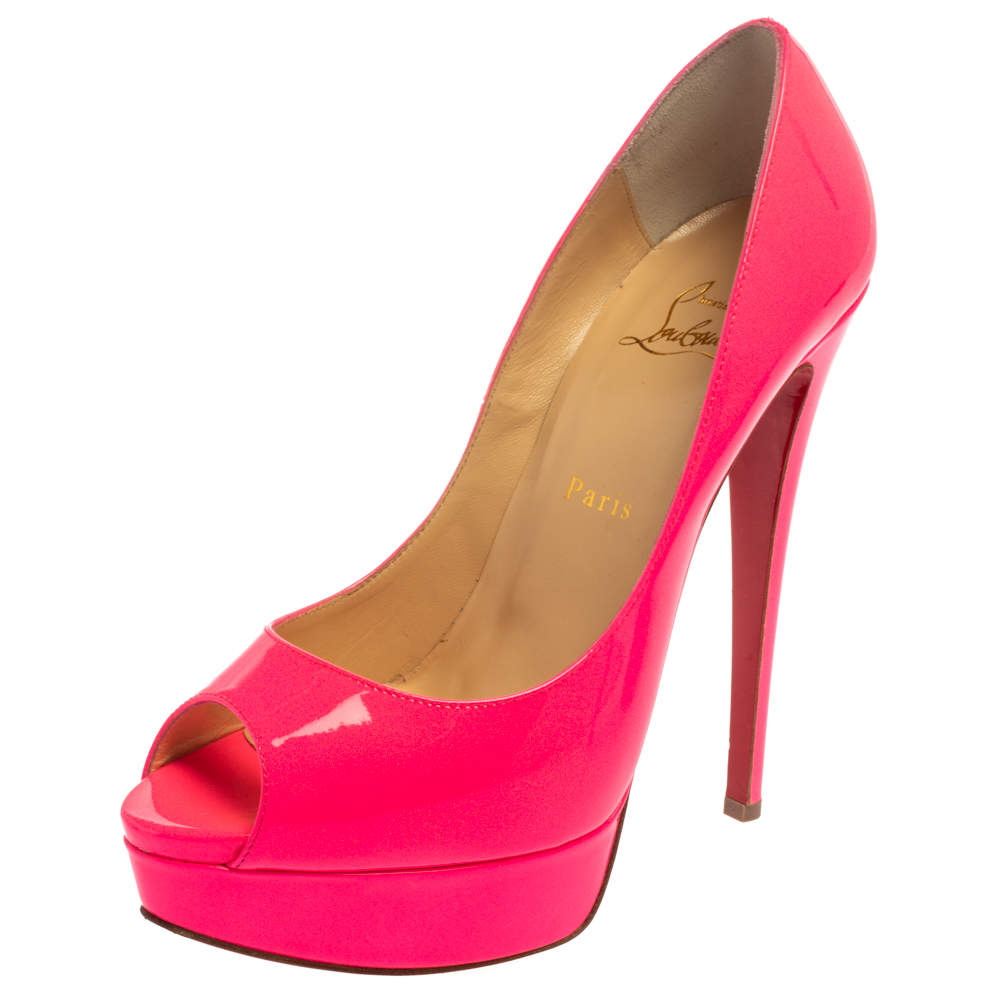  Christian Louboutin Neon Pink Patent Leather Lady Peep Toe Platform Pumps Size 39.5