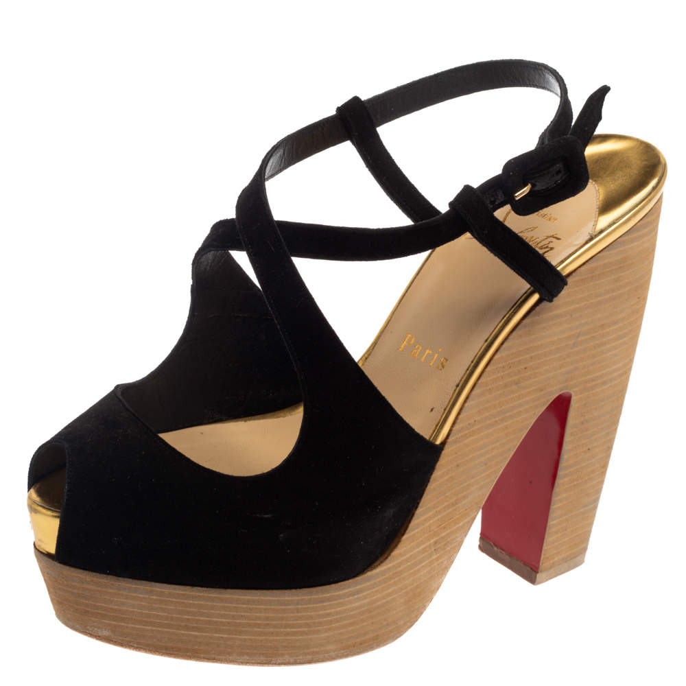 Pre Owned Christian Louboutin Black Suede Rozeppa  Platform Sandals Size 36