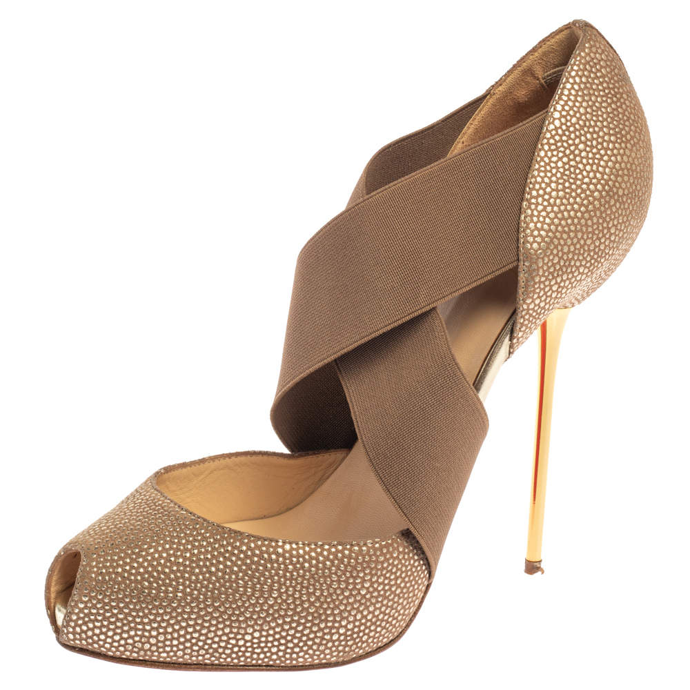 Pre Owned Christian Louboutin Metallic Brown Textured Leather Big Dorcet Peep Toe Pumps Size 38.5