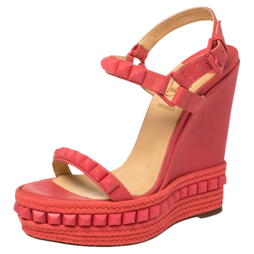 Christian Louboutin Pink Studded Leather Cataclou Espadrille Wedge Sandals Size 36