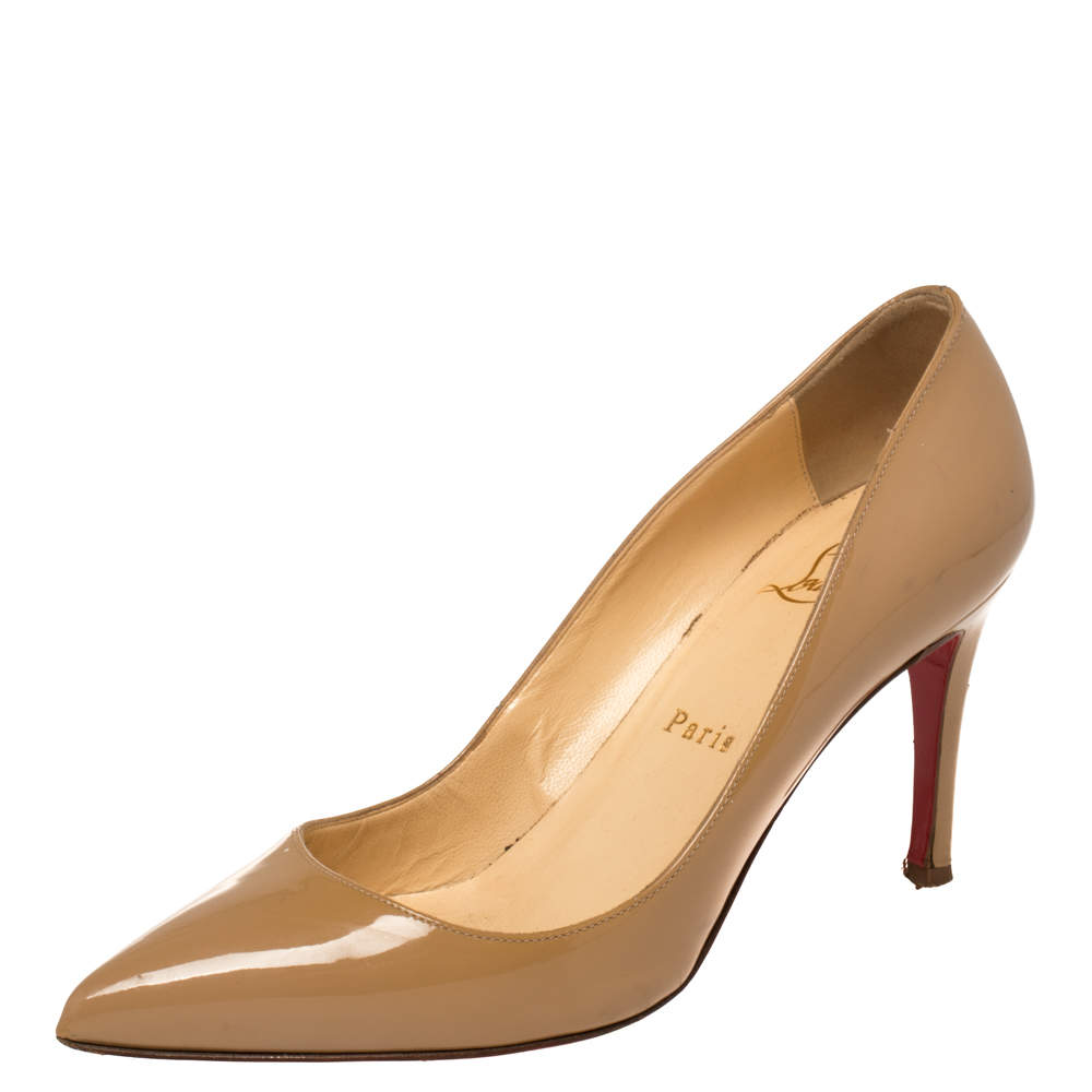 Pre Owned Christian Louboutin Beige Patent Leather Pigalle Pointed Toe Pumps Size 36.5