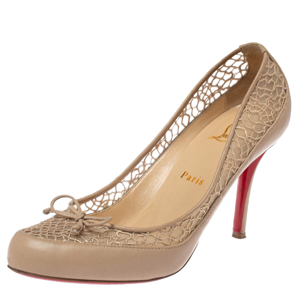 Pre Owned Christian Louboutin Beige Leather And Lace Bow Pumps Size 38.5