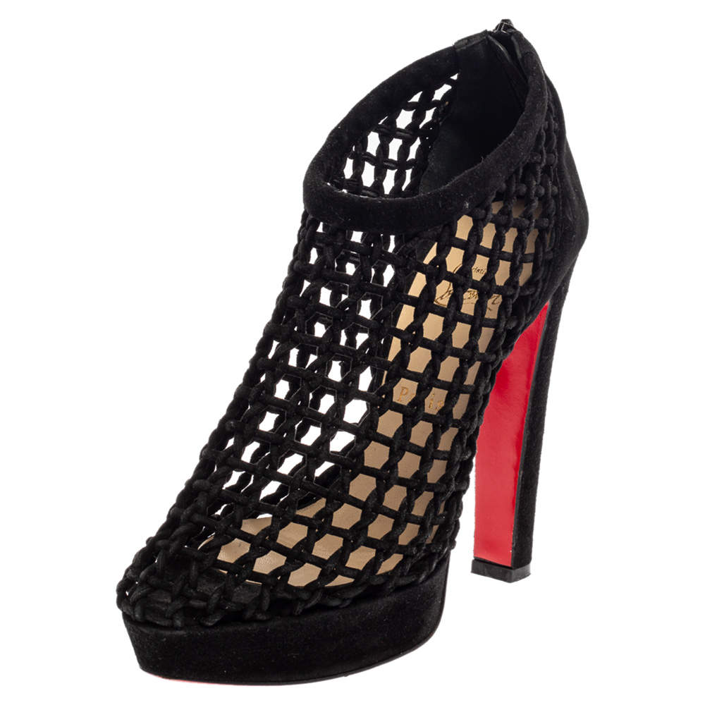 Pre Owned Christian Louboutin Black Suede Coussin Platform Ankle Booties Size 40