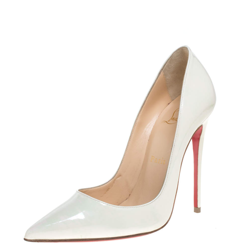 Pre Owned Christian Louboutin White Iridescent Patent Leather So Kate Pointed Toe Pumps Size 36