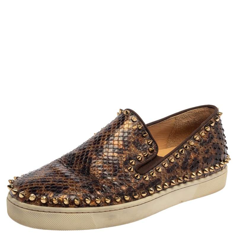 مملوكة مسبقًا Christian Louboutin Brown Leopard Print Python Pik Boat Slip On Sneakers Size 40