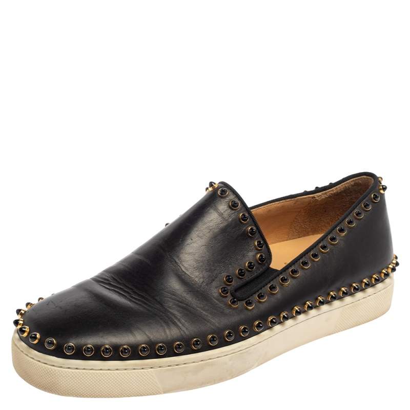 Christian Louboutin Black Leather Spike Pik Boat Slip On Sneakers Size 40