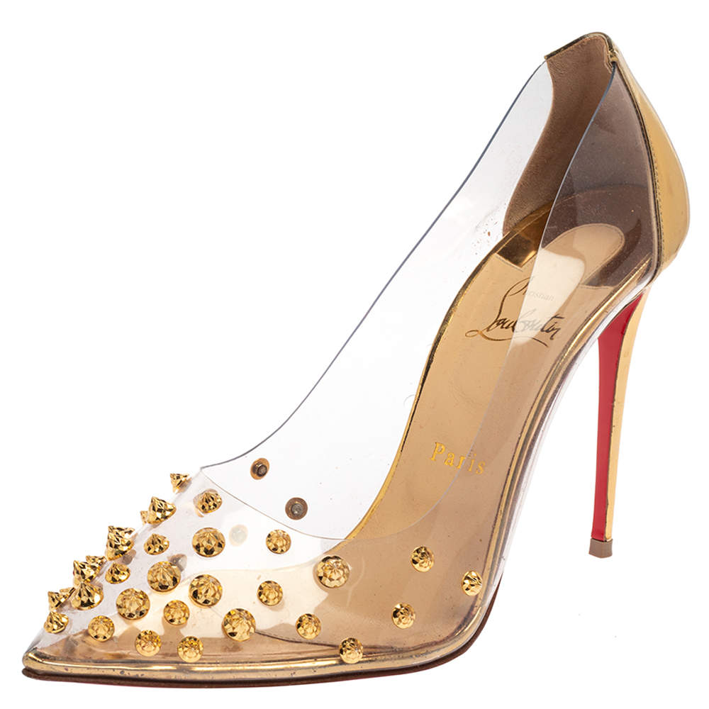 Pre Owned Christian Louboutin Gold Leather And PVC Collaclou Spiked Pumps Size 40