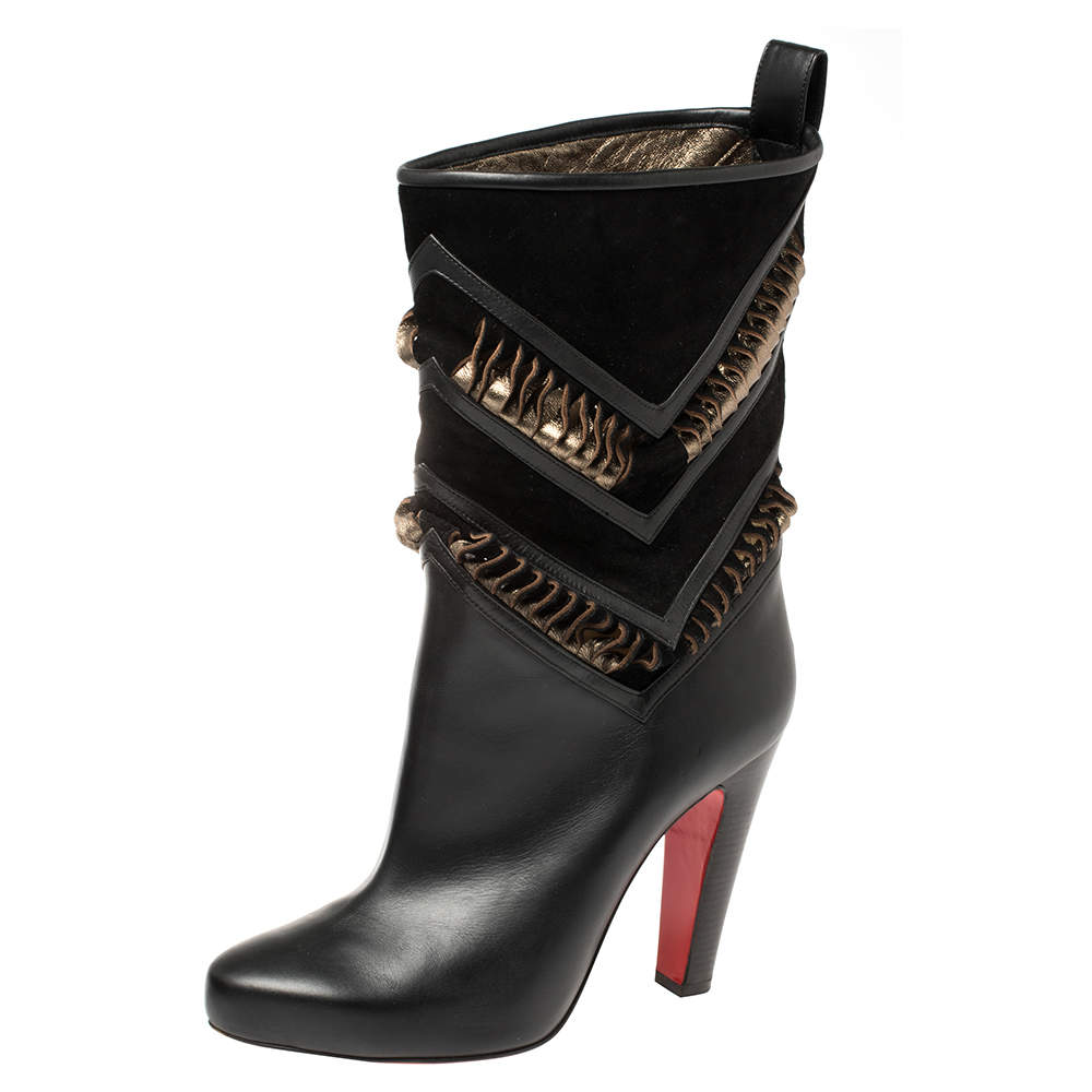 مملوكة مسبقًا Christian Louboutin Black/Metallic Bronze Suede And Leather Romy Midcalf Boots Size 40