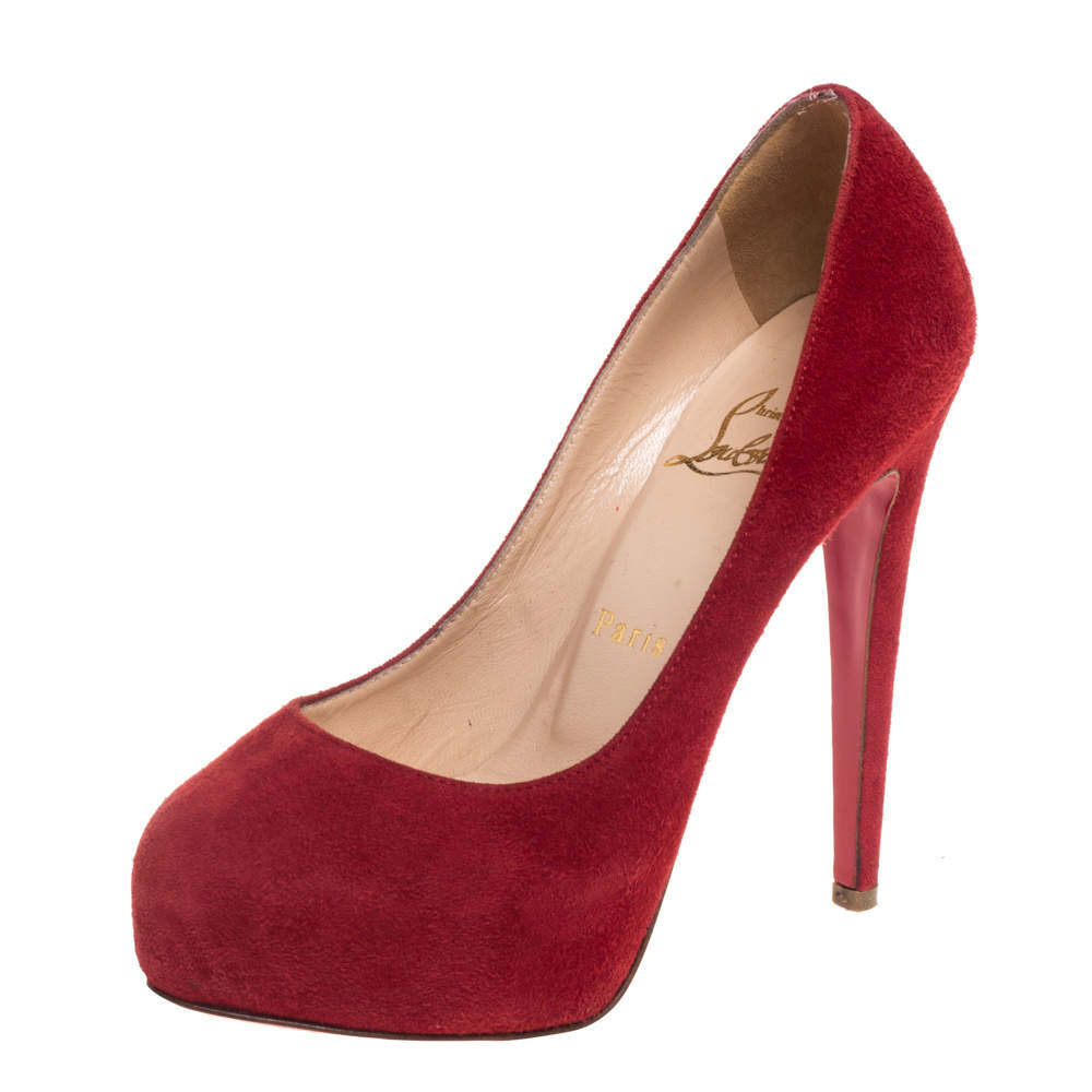 Pre Owned Christian Louboutin Red Suede Bianca Platform Pumps Size 35