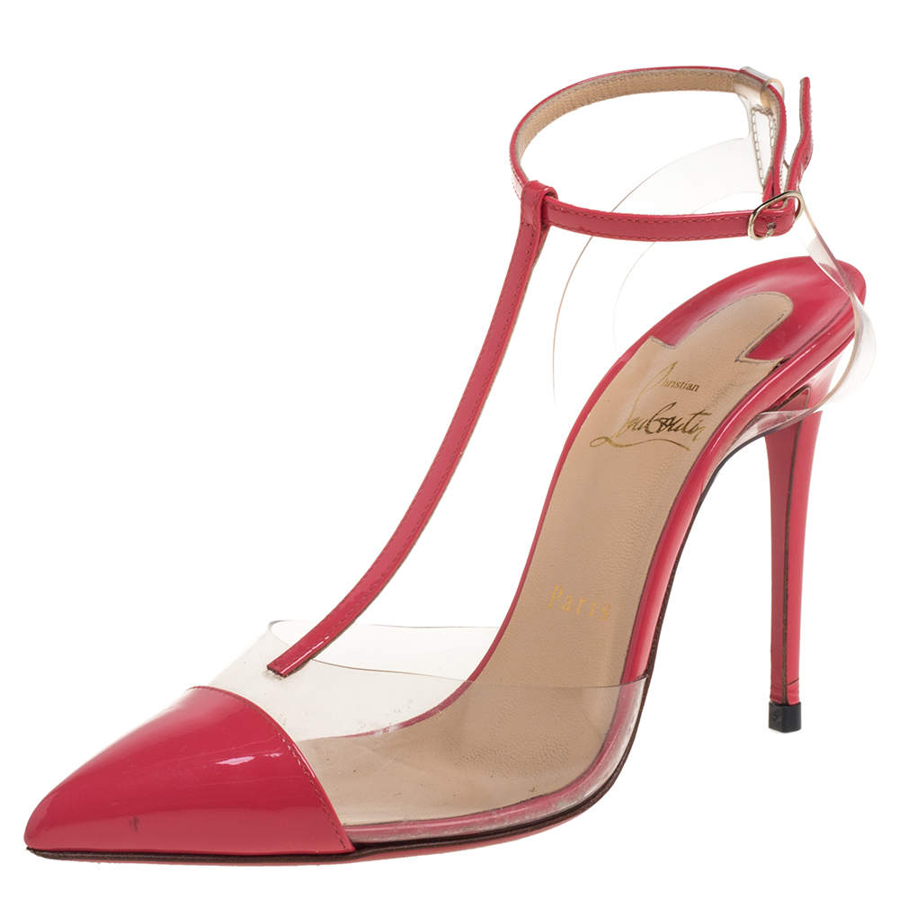 Pre Owned Christian Louboutin Pink Patent Leather/PVC T Strap Sandals Size 37.5