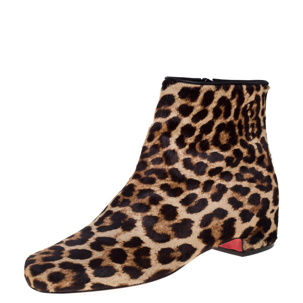 Pre Owned Christian Louboutin Brown/Beige Calf Hair Tounoir Ankle Boots Size 39.5