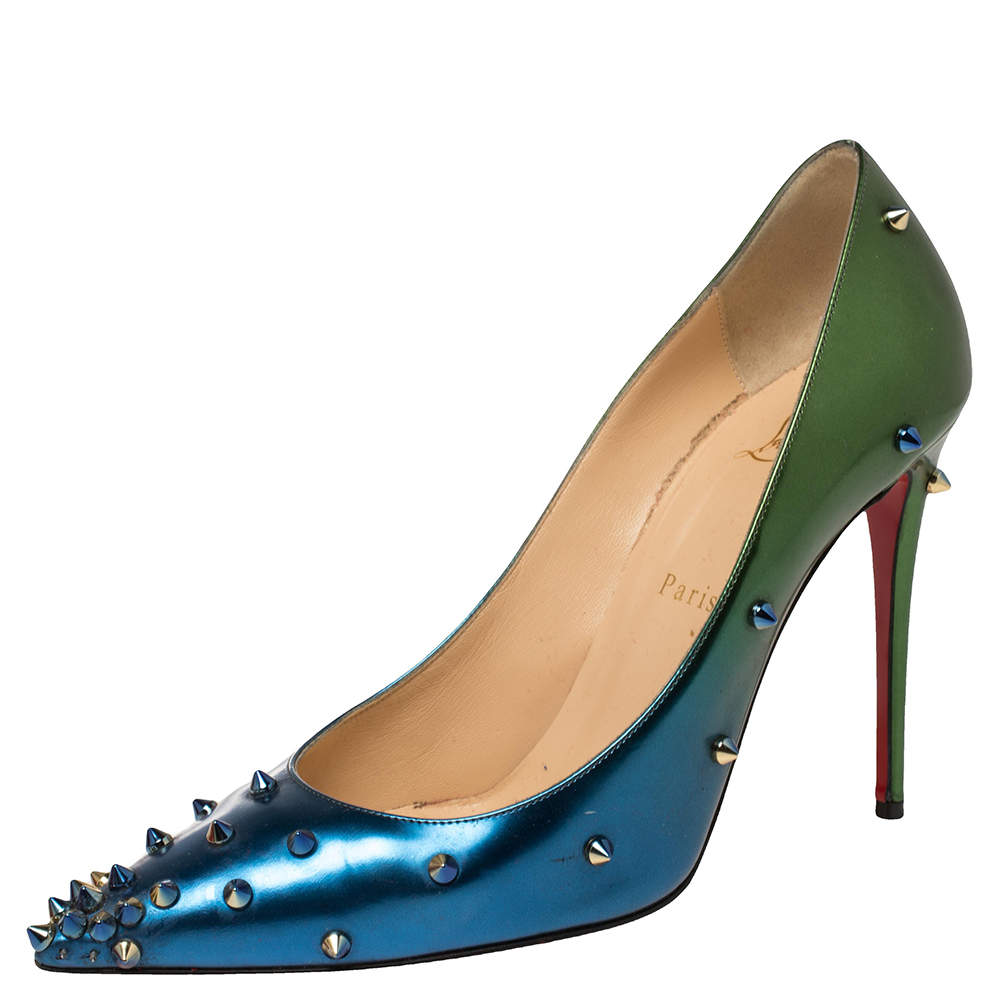 Pre Owned Christian Louboutin Blue/Green Patent Leather Degraspike Ombre Pumps Size 39