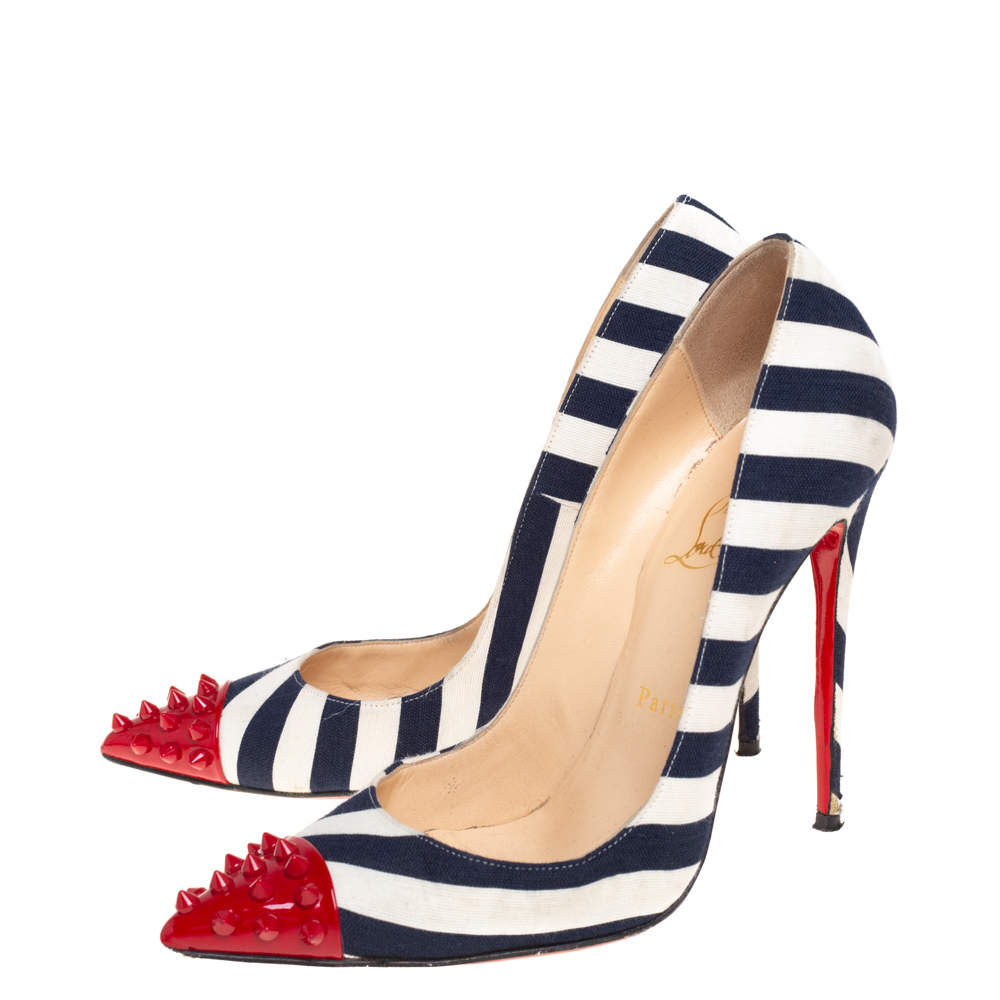 Christian Louboutin Blue White Canvas And Patent Leather Geo Striped Spike Pumps Size 38.5