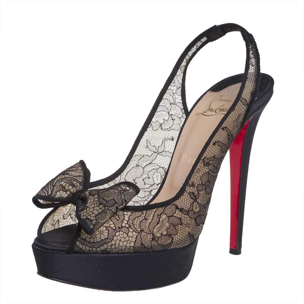 Pre Owned Christian Louboutin Black Satin and Lace Exclu Slingback Sandals Size 39