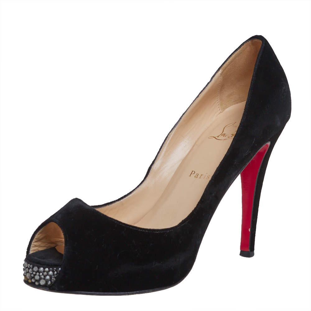 Pre Owned Christian Louboutin Black Velvet Very Prive Peep Toe Pumps Size 41
