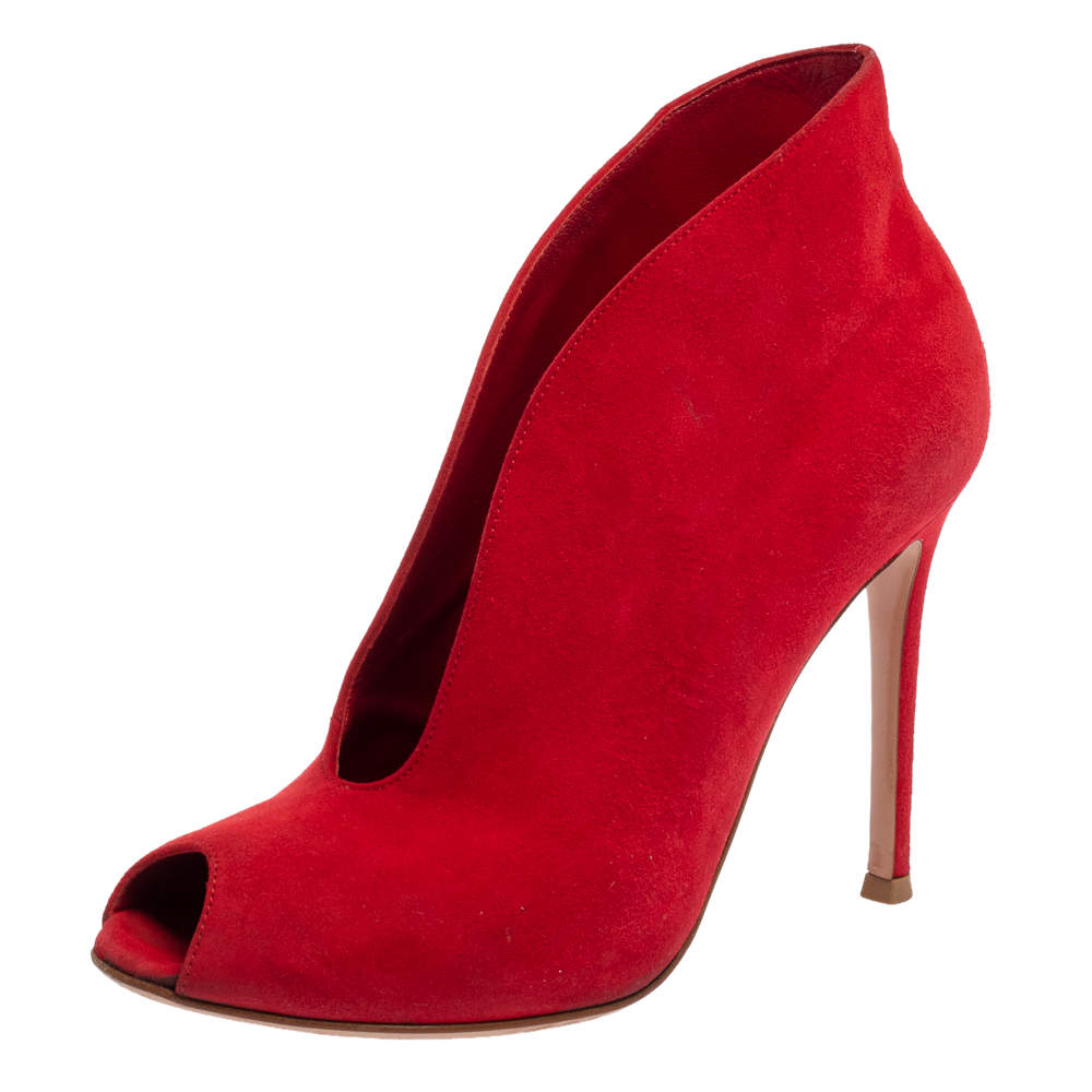 Pre Owned Gianvito Rossi Red Suede Vamp Peep Toe Booties Size 35.5