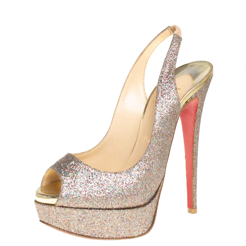 Pre Owned Christian Louboutin Multicolor Glitter Fabric Lady Peep Toe Platform Slingback Sandals Size 36