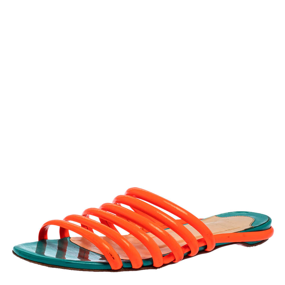 Christian Louboutin Neon Orange Patent Leather Slide Sandals Size 37