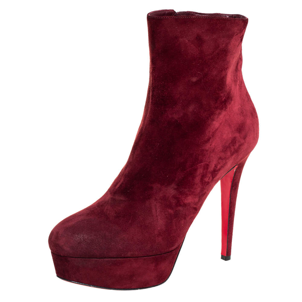 Pre Owned Christian Louboutin Maroon Suede Bianca Platform Ankle Booties Size 40