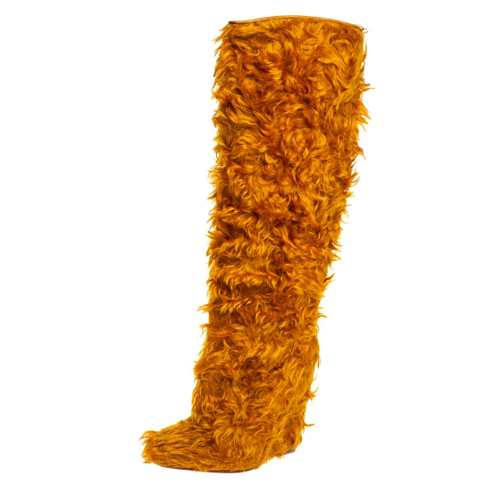 مملوكة مسبقًا Christian Louboutin Yellow Faux Fur Knee Length Boots Size 37.5