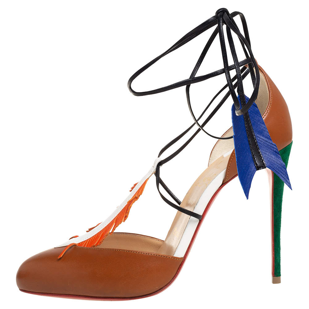 Pre Owned Christian Louboutin Brown Leather And Suede Ankle Wrap Pumps Size 38
