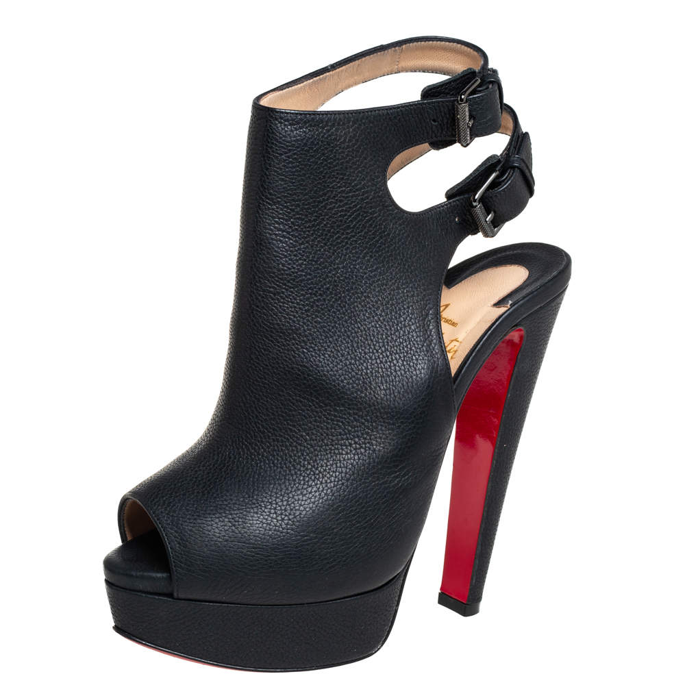 Pre Owned Christian Louboutin Black Leather Strapagada Morphee Booties Size 37.5