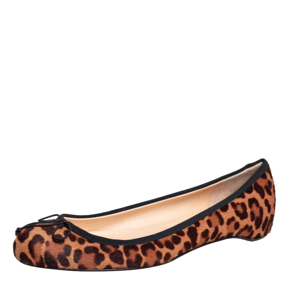 Pre Owned Christian Louboutin Brown/Beige Leopard Print Calf Hair Bow Ballet Flats Size 37