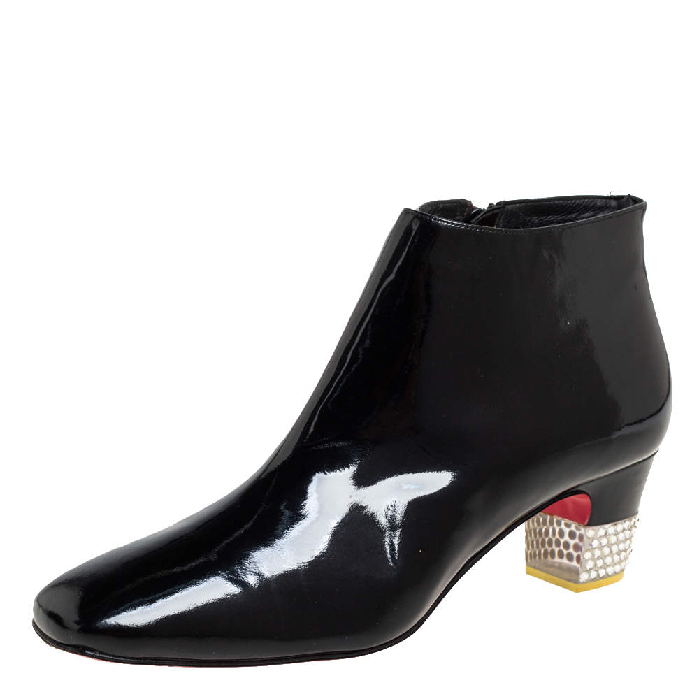 مملوكة مسبقًا Christian Louboutin Black Patent Leather Zipper Detail Ankle Boots Size 38.5