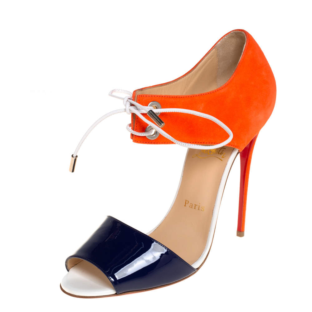 Pre Owned Christian Louboutin Two Tone Patent Leather and Suede Mayerling Sandals Size 39.5